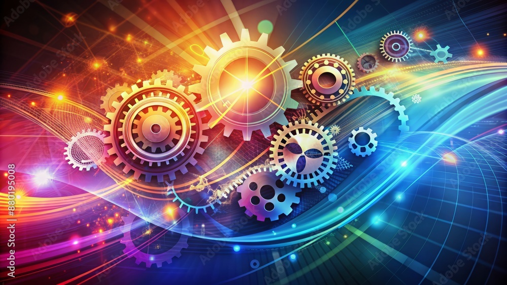 Fototapeta premium Abstract futuristic swirling shapes of gears, charts, and arrows on a vibrant gradient background representing SEO and promotion concepts.