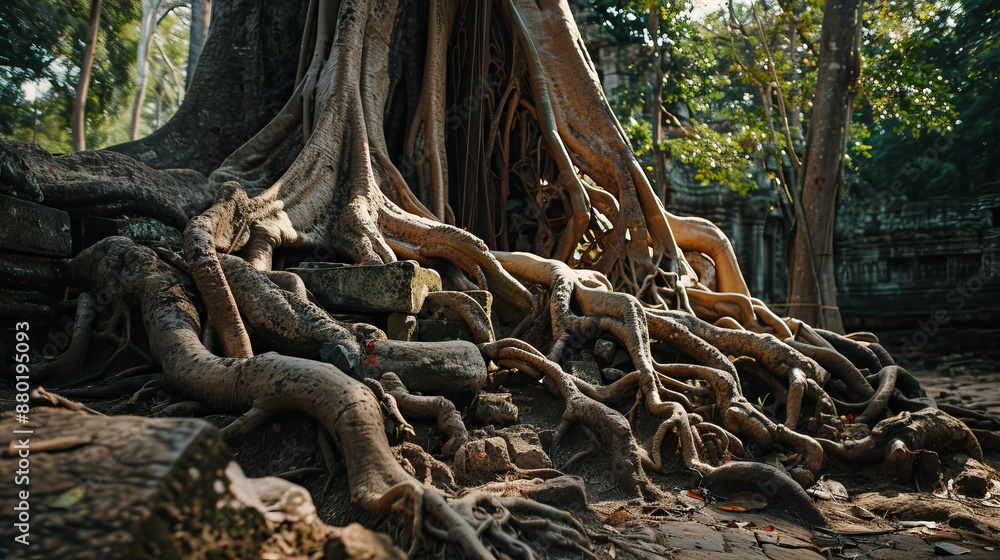 Siem Reap, Cambodia - August 2019: Giant tree roots entwined in the ancient temples of Angkor Siem Reap, Cambodia - August 2019: Giant tree roots entwined in the ancient temples of Angkor