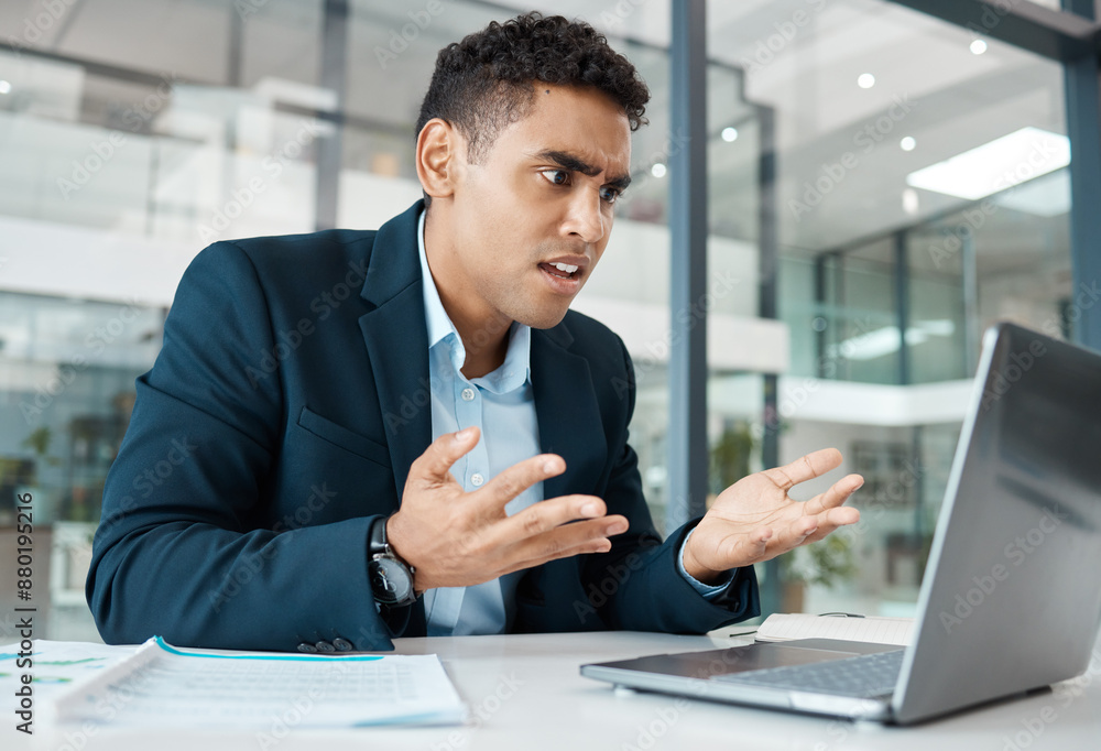 Stress, frustrated and businessman with laptop in office for stock market crash with investment loss. Upset, confused and male financial analyst with computer for bankruptcy risk with budget plan. Stress, frustrated and businessman with laptop in office for stock market crash with investment loss. Upset, confused and male financial analyst with computer for bankruptcy risk with budget plan.