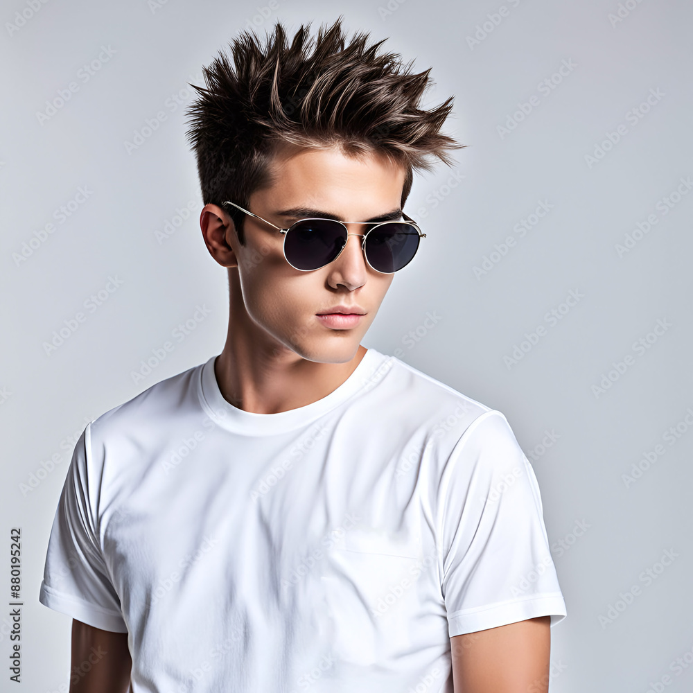 Studio photo of a handsome young male model wearing a white t-shirt and sunglasses Studio photo of a handsome young male model wearing a white t-shirt and sunglasses
