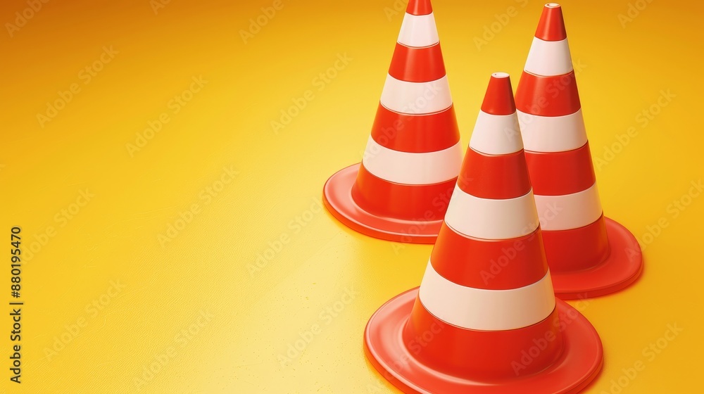 Traffic cones and under construction warning sign,traffic cone 3d rendering on yellow background,Roadsafety and prevention of accidents during road construction,Vector cartoon warning sign. Traffic cones and under construction warning sign,traffic cone 3d rendering on yellow background,Roadsafety and prevention of accidents during road construction,Vector cartoon warning sign.