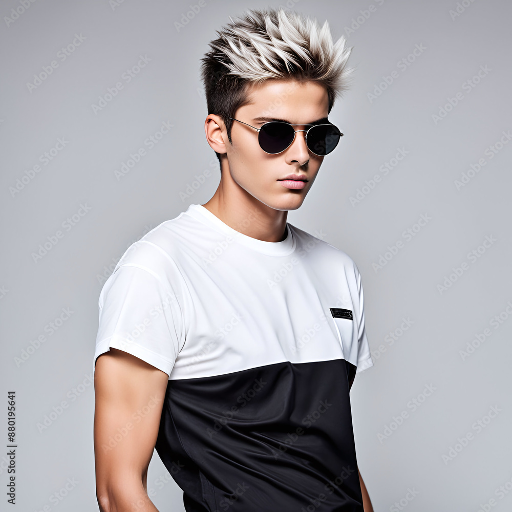 Studio photo of a handsome young male model wearing a white t-shirt and sunglasses Studio photo of a handsome young male model wearing a white t-shirt and sunglasses