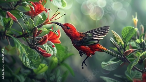 The crimson sunbird seeks food on the flower. photo