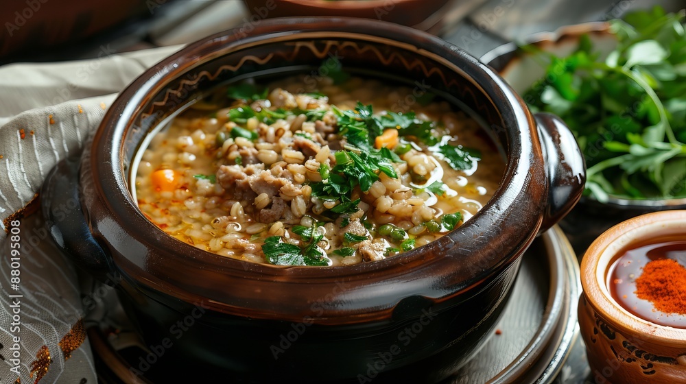 Traditional Syrian barley broth soup, known as talbina or tirbiyali, typically consumed after Ramadan. Traditional Syrian barley broth soup, known as talbina or tirbiyali, typically consumed after Ramadan.