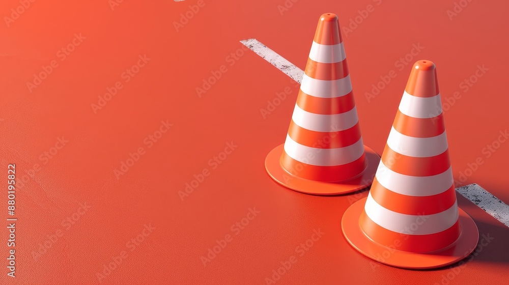 Traffic cones and under construction warning sign,traffic cone 3d rendering on Red background,Roadsafety and prevention of accidents during road construction,Vector cartoon warning sign. Traffic cones and under construction warning sign,traffic cone 3d rendering on Red background,Roadsafety and prevention of accidents during road construction,Vector cartoon warning sign.