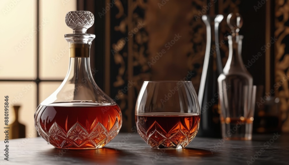 Decanter of Brandy with a Glass on a Wooden Table. Decanter of Brandy with a Glass on a Wooden Table.