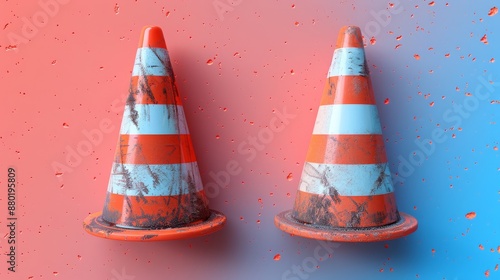 Traffic cones and under construction warning sign,traffic cone 3d rendering on Red background,Roadsafety and prevention of accidents during road construction,Vector cartoon warning sign. photo