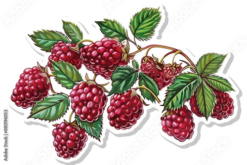vintage botanical illustration of raspberries, with leaves on the branch, isolated background