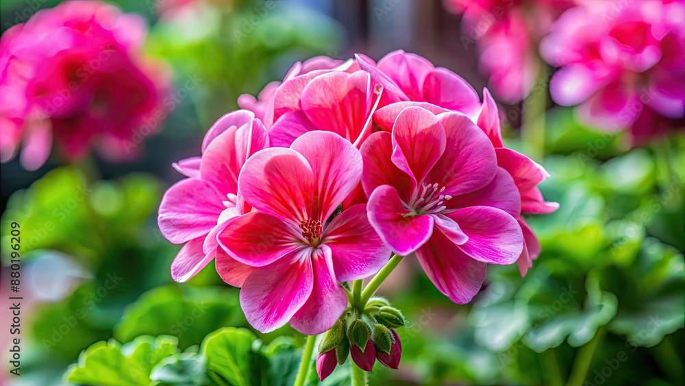 Vibrant close-up of a pink geranium pelargonium flower in full bloom, blossom, botanical, colorful, flora, garden, greenery, petals Vibrant close-up of a pink geranium pelargonium flower in full bloom, blossom, botanical, colorful, flora, garden, greenery, petals