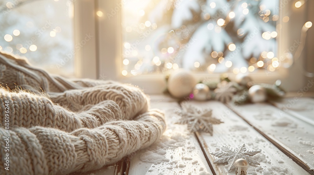 Fototapeta premium Winter background featuring a cozy wooden sweater, with free space for your decorations. The home interior includes a white wall and sunlight streaming through the window.