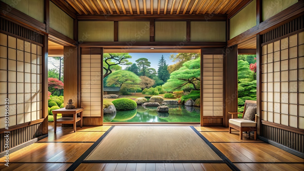 Fototapeta premium Traditional Japanese room with tatami mat flooring and sliding paper doors
