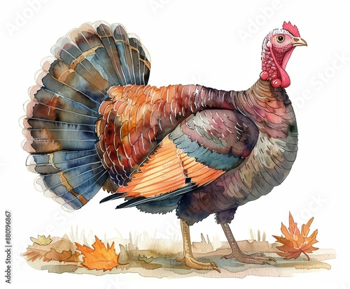 Whimsical watercolor illustration of a colorful turkey standing on autumn leaves, Thanksgiving concept art.