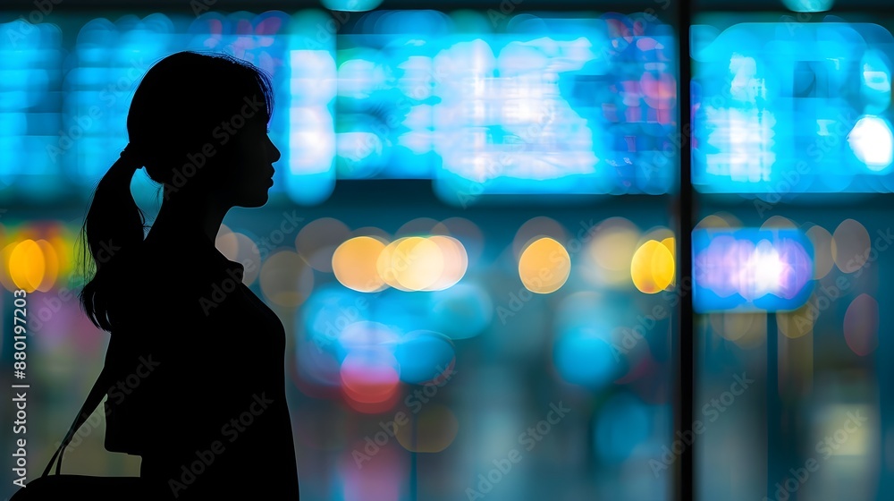 Silhouetted Figure in Backlit Hotel Lobby,Blurred Bokeh Lights Silhouetted Figure in Backlit Hotel Lobby,Blurred Bokeh Lights