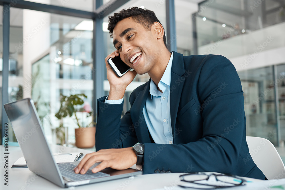 Businessman, laptop and working with phone call, talking and idea for stock market sale. Male person, happiness and investment opportunity in office for project, accounting or deal as finance analyst Businessman, laptop and working with phone call, talking and idea for stock market sale. Male person, happiness and investment opportunity in office for project, accounting or deal as finance analyst