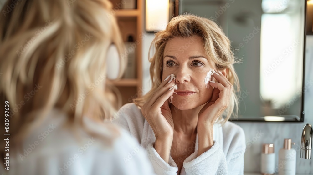 Attractive middle-aged man Blonde woman in her 50s wearing a bathrobe in the bathroom applying anti-ageing facial moisturizer. Look in the mirror and do your morning beauty routine every day. Attractive middle-aged man Blonde woman in her 50s wearing a bathrobe in the bathroom applying anti-ageing facial moisturizer. Look in the mirror and do your morning beauty routine every day.