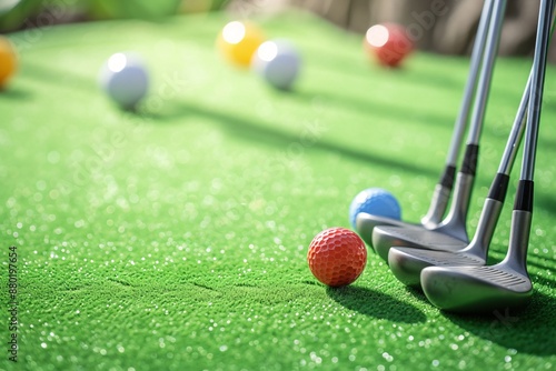 a golf clubs and balls on a green surface photo