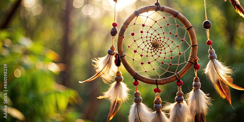 Obraz premium Traditional Native American dream catcher with intricate web design and hanging feathers, native american, culture