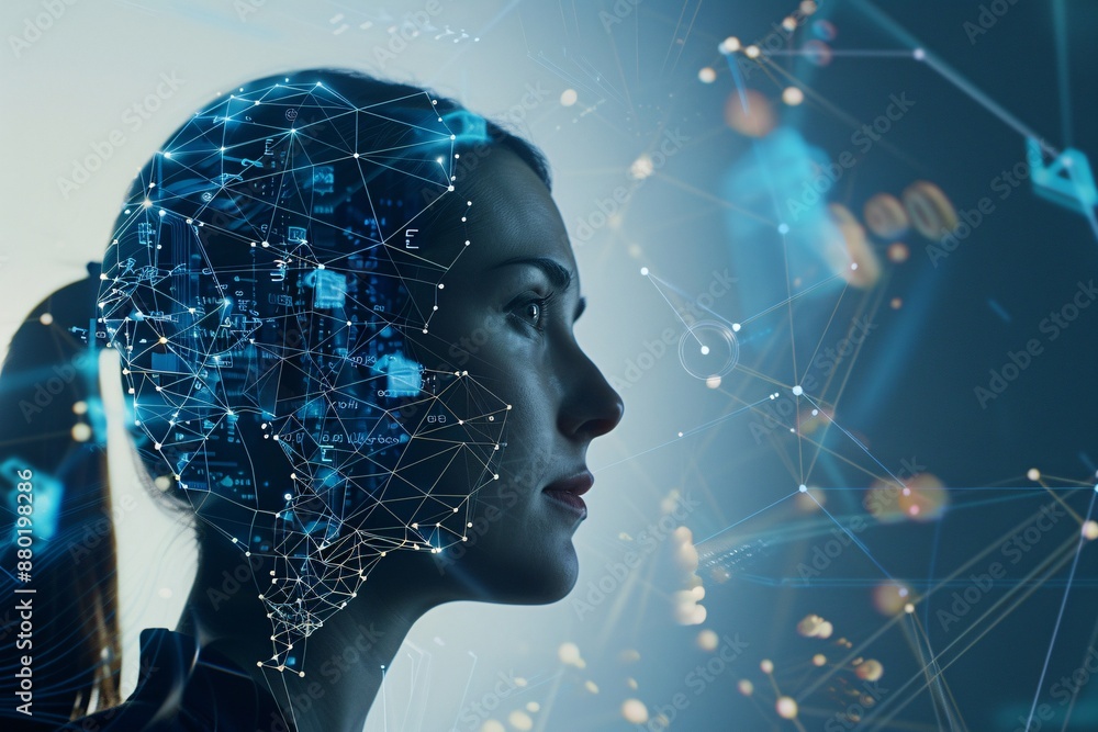 a woman's profile with a grid of lines and dots a woman's profile with a grid of lines and dots