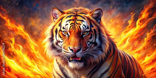 Wallpaper Mural Vibrant painting of fierce tiger with fiery background , tiger, painting, fierce, aggressive, orange, power, danger, wildlife Torontodigital.ca