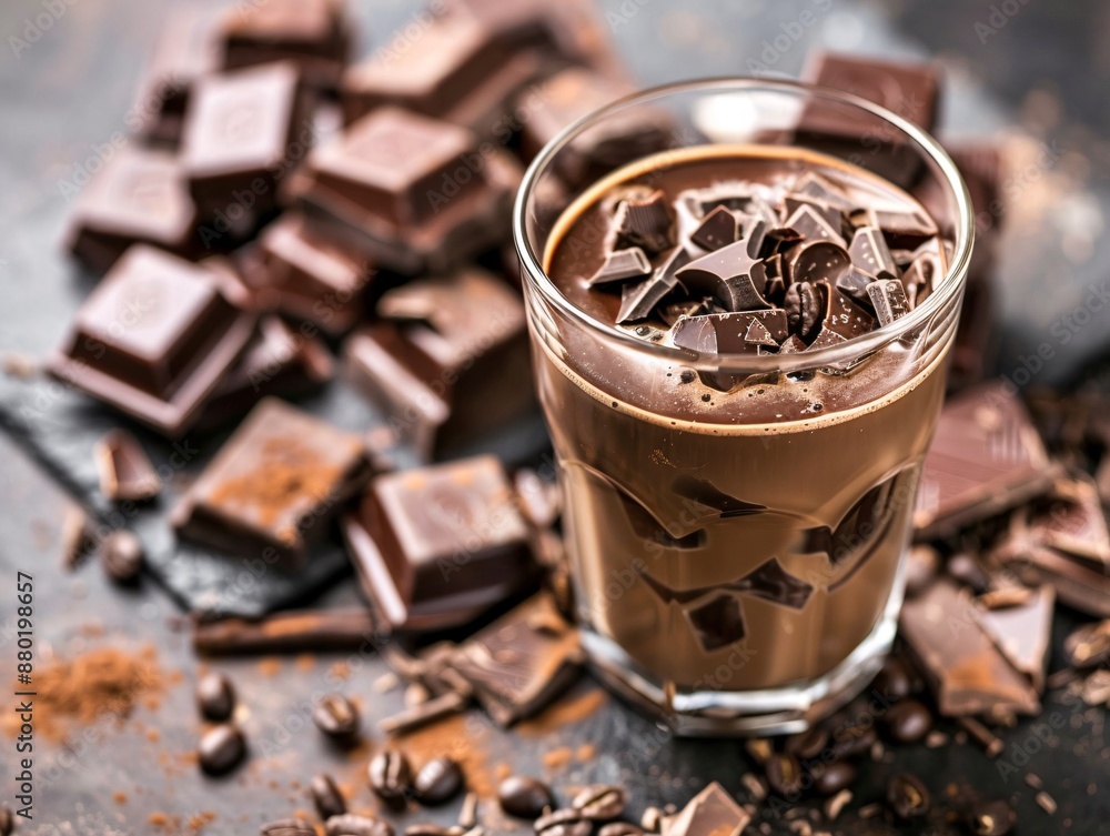a glass of chocolate milk with pieces of chocolate a glass of chocolate milk with pieces of chocolate