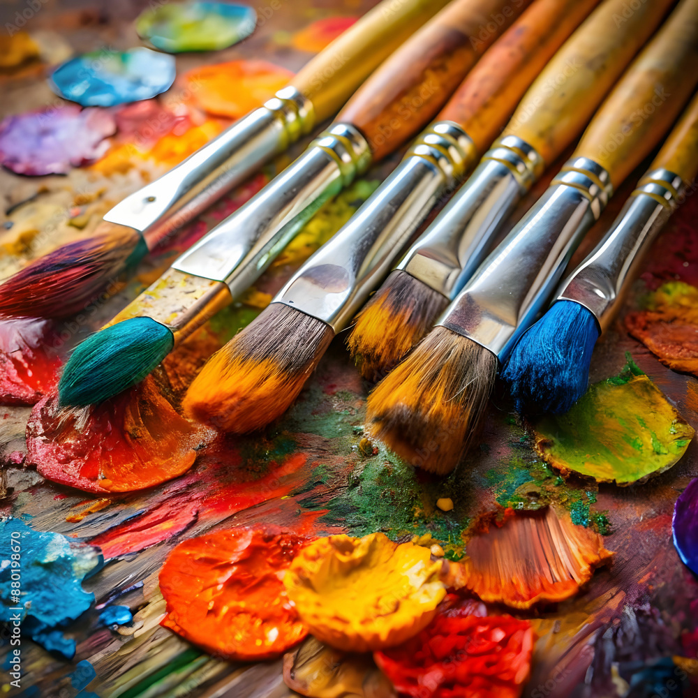 Fototapeta premium used brushes on an artist s palette of colorful