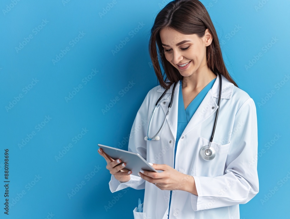 a woman in a white coat and stethoscope holding a tablet a woman in a white coat and stethoscope holding a tablet