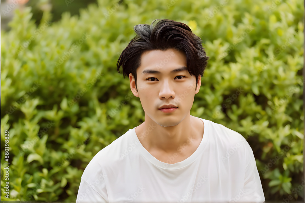 A man with short hair and a white shirt is sitting in a green bush