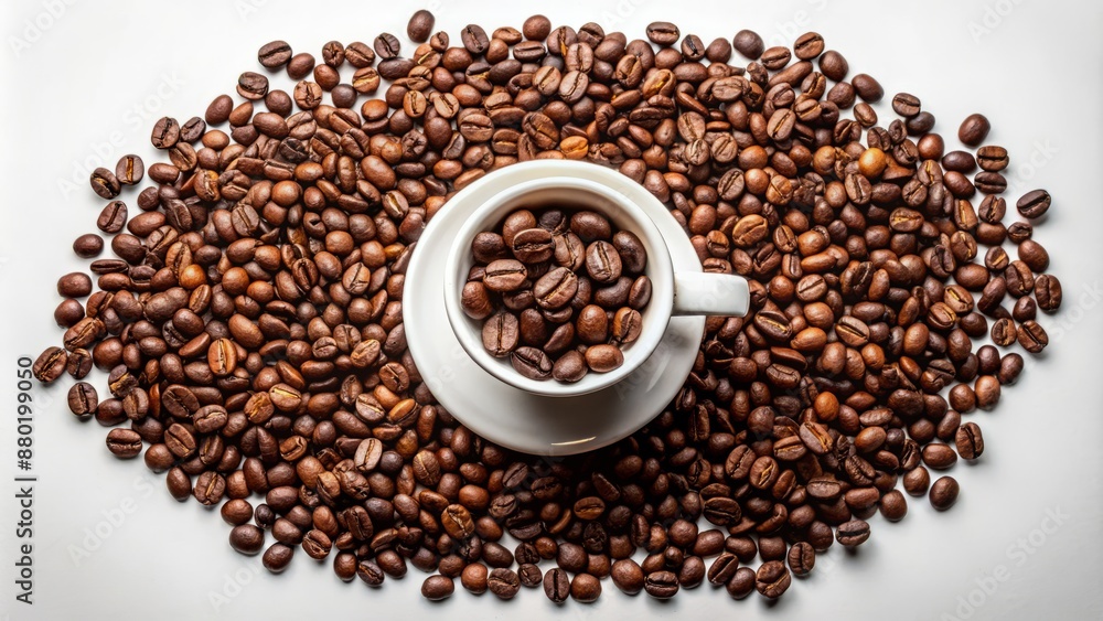 Arrangement of freshly roasted coffee beans surrounding a warm cup on a crisp white background with subtle shadows. Arrangement of freshly roasted coffee beans surrounding a warm cup on a crisp white background with subtle shadows.