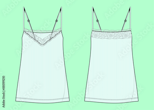 ladies nightwear lace details tank top sleepwear fashion illustration flat sketch vector.