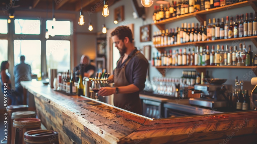 Photo of bartender serving wine on wooden bar Photo of bartender serving wine on wooden bar