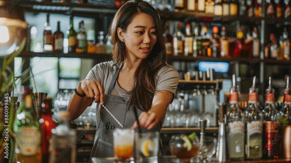 Photo of beautiful Asian woman in gray apron preparing cocktails at bar counter Photo of beautiful Asian woman in gray apron preparing cocktails at bar counter