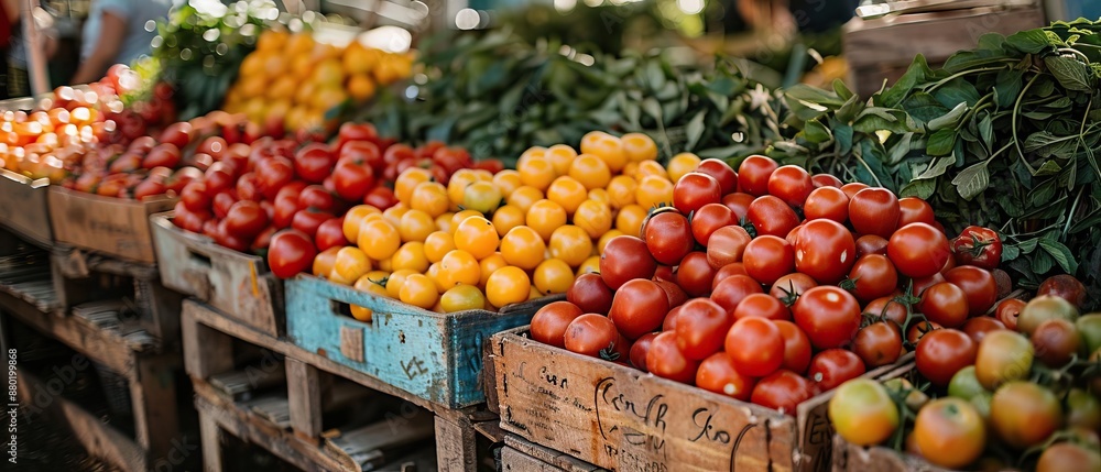 Colorful display of fresh vegetables and fruits in wooden crates at a bustling farmers market. Tomatoes, apples, and greens beautifully arranged. Colorful display of fresh vegetables and fruits in wooden crates at a bustling farmers market. Tomatoes, apples, and greens beautifully arranged.