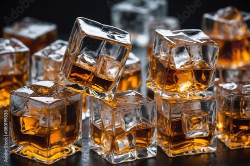 Ice cube in whiskey texture background, macro close up of Ice cubes in glass of whiskey or another alcohol,Crystal design