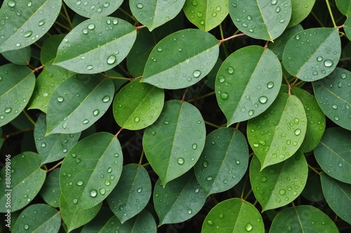 Background/Texture made of green eucalyptus leaves with raindrop, dew. Flat lay, top view