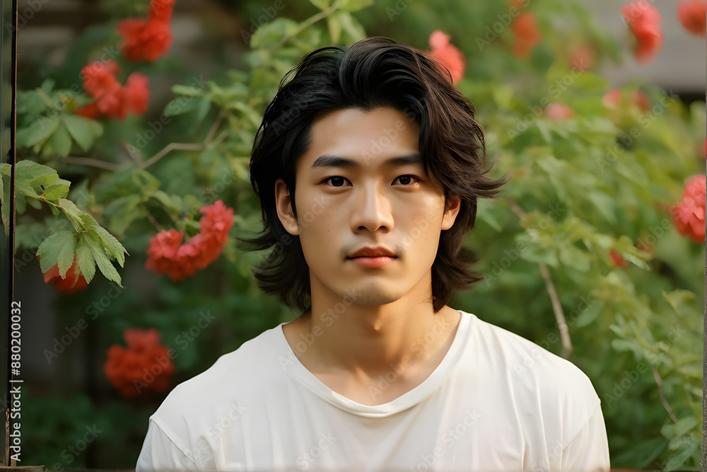 Naklejka premium A man with long hair is standing in front of a bush with red flowers