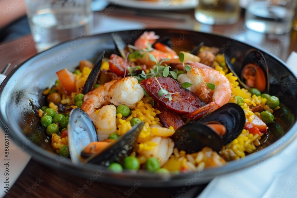 Aromatic Seafood Paella in a Black Bowl Aromatic Seafood Paella in a Black Bowl
