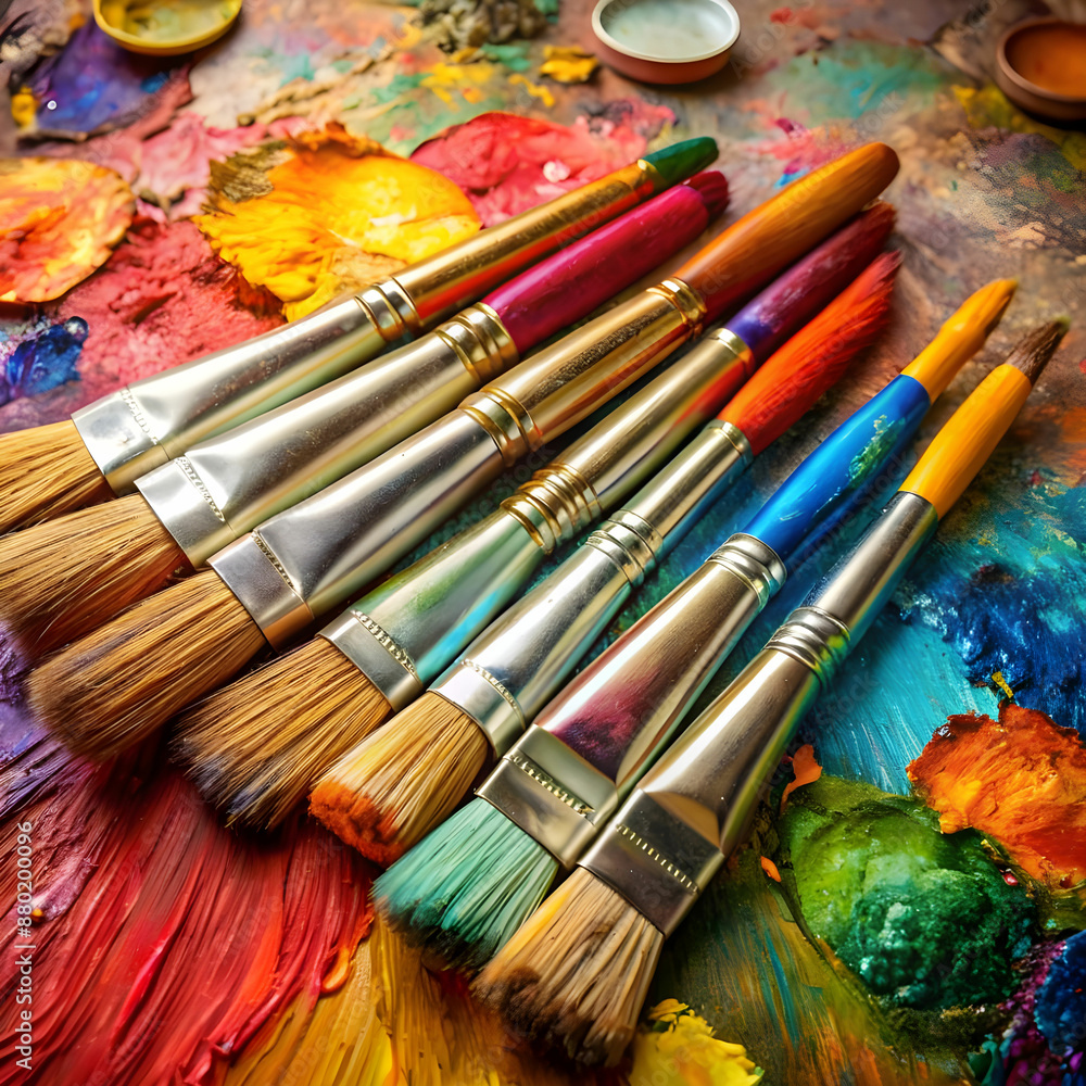 Fototapeta premium used brushes on an artist s palette of colorful