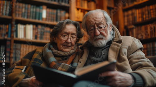 Elderly Couple Reading Book in Cozy Library