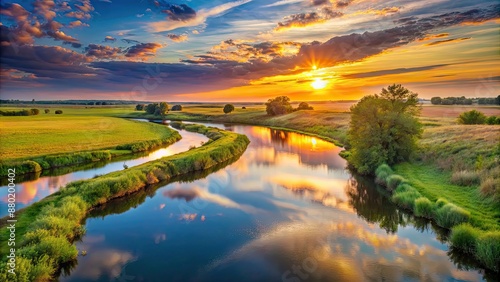 Tranquil sunset over a winding river in rural landscape, Sunset, River, Rural, Landscape, Serene, Golden fields, Trees, Reflection