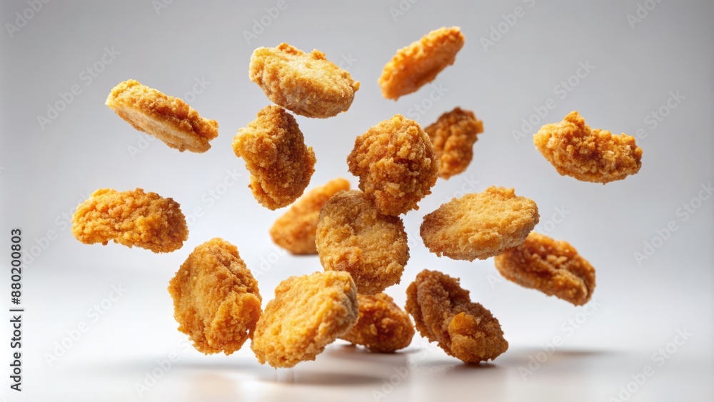 Crispy breaded chicken nuggets suspended in mid-air, falling against a clean white background, showcasing the concept of levitating food. Crispy breaded chicken nuggets suspended in mid-air, falling against a clean white background, showcasing the concept of levitating food.