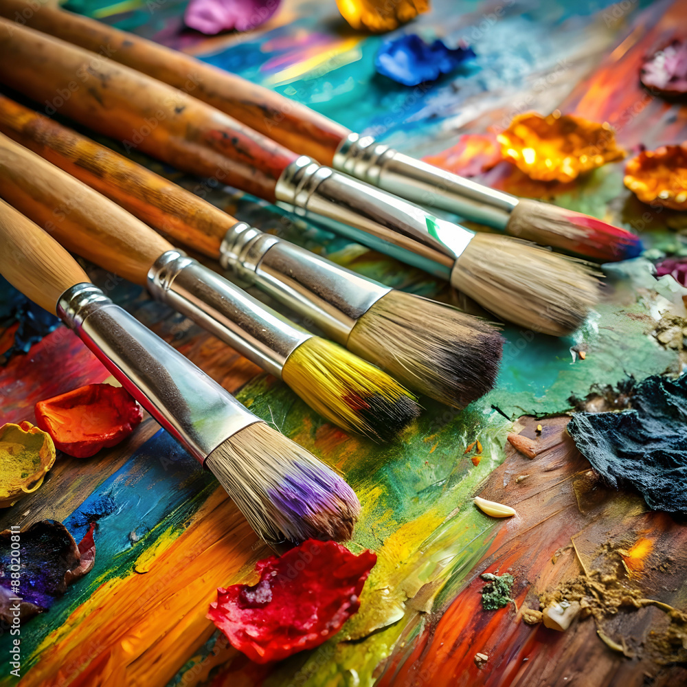 used brushes on an artist s palette of colorful used brushes on an artist s palette of colorful