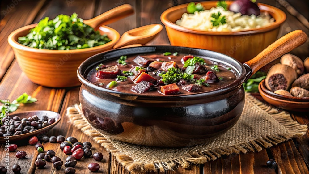 Traditional Brazilian Feijoada dish with a ladle, highlighted in the foreground and a blurred background, Brazilian Traditional Brazilian Feijoada dish with a ladle, highlighted in the foreground and a blurred background, Brazilian