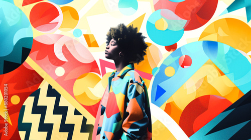 A confident leader surrounded by abstract geometric shapes