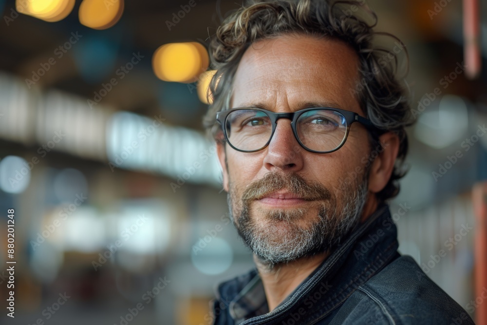 Close-up portrait of mature Caucasian man with glasses and beard in industrial setting. Highlights his role as a leader in the carbon credit industry and his dedication to sustainable practices. Close-up portrait of mature Caucasian man with glasses and beard in industrial setting. Highlights his role as a leader in the carbon credit industry and his dedication to sustainable practices.