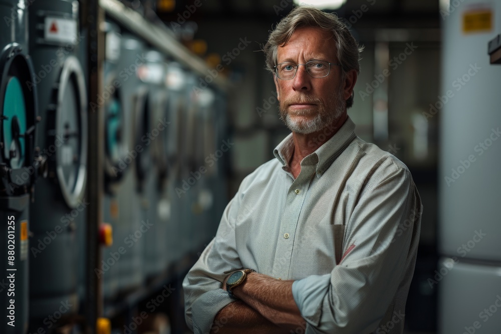 Businessman with grey hair, beard, arms crossed, standing in industrial setting. Represents leadership, commitment to carbon credit, green technology, sustainability in industry. Businessman with grey hair, beard, arms crossed, standing in industrial setting. Represents leadership, commitment to carbon credit, green technology, sustainability in industry.