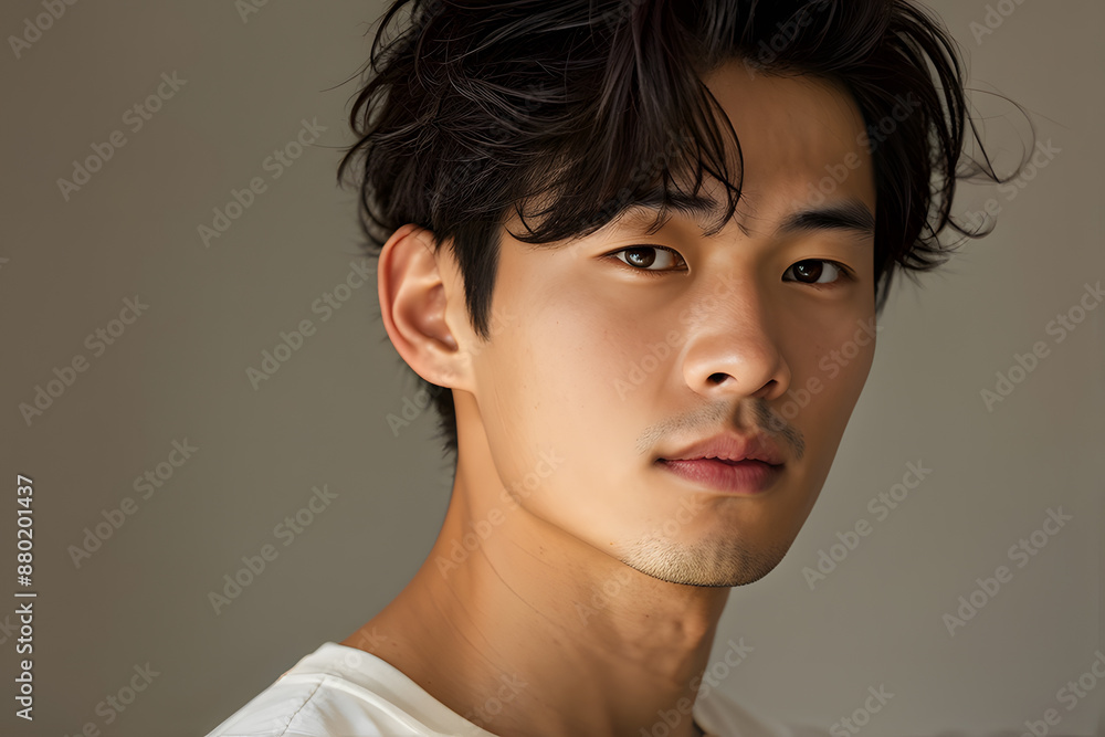 A man with short hair and a beard is standing in front of a white wall A man with short hair and a beard is standing in front of a white wall