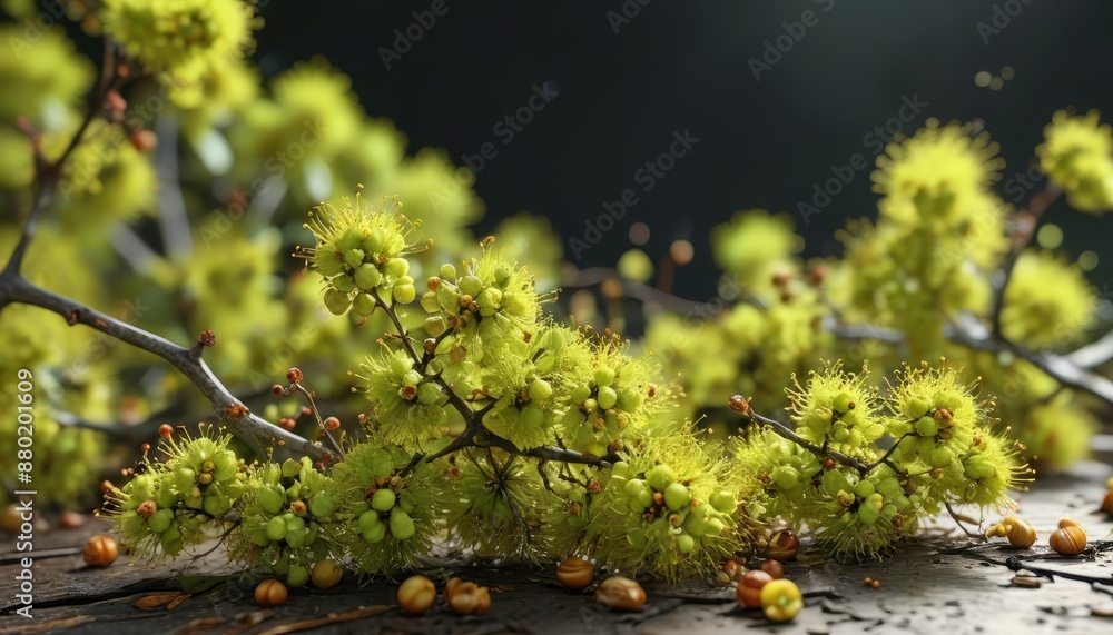 Green Branch with Yellow Flowers on Wooden Surface. Green Branch with Yellow Flowers on Wooden Surface.