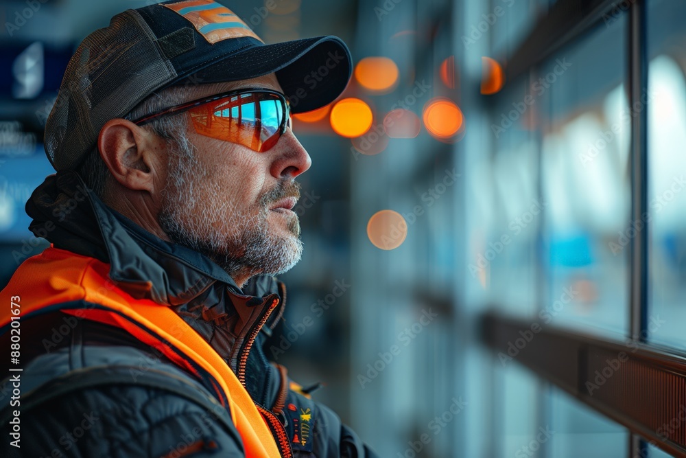 Male safety inspector in orange high-visibility jacket and cap with sunglasses, looking through window in industrial setting. Focused on ensuring compliance with safety regulations. Male safety inspector in orange high-visibility jacket and cap with sunglasses, looking through window in industrial setting. Focused on ensuring compliance with safety regulations.