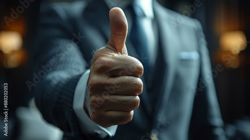 Businessman in suit doing thumbs up gesture, closeup photo portrait , with copy space --ar 16:9 --style raw --stylize 750 Job ID: 7da915f3-0720-46fe-bef0-0d53c3ac9c10