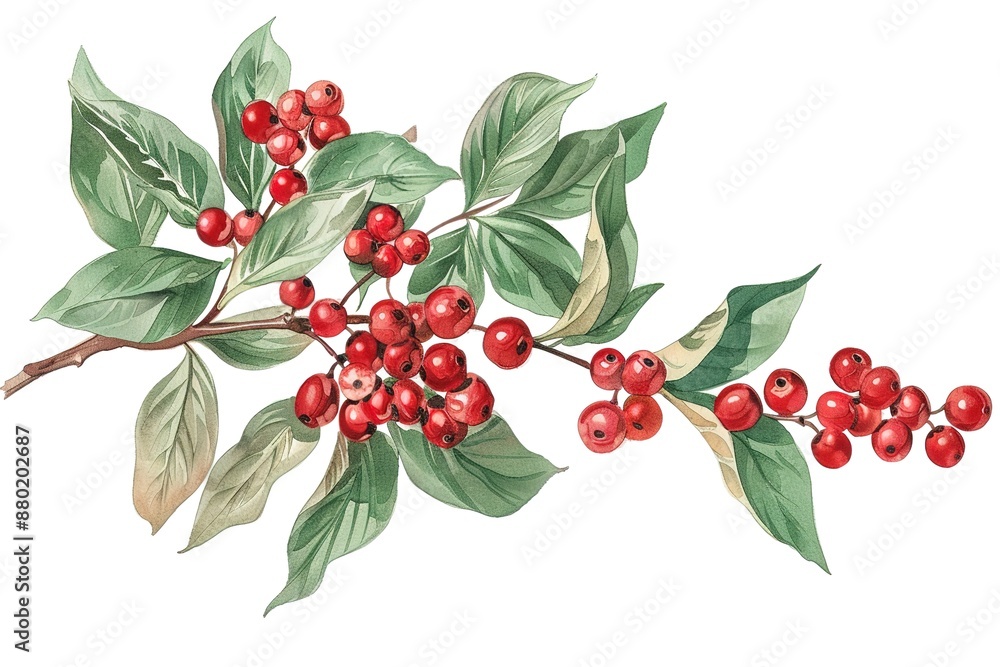 Obraz premium Cherry tree branch with red cherry berries and green foliage on a white isolated background.